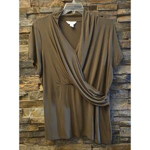 Liz Claiborne Womens 1X Olive Brown Faux Wrap Draped Short Sleeve V-Neck Top